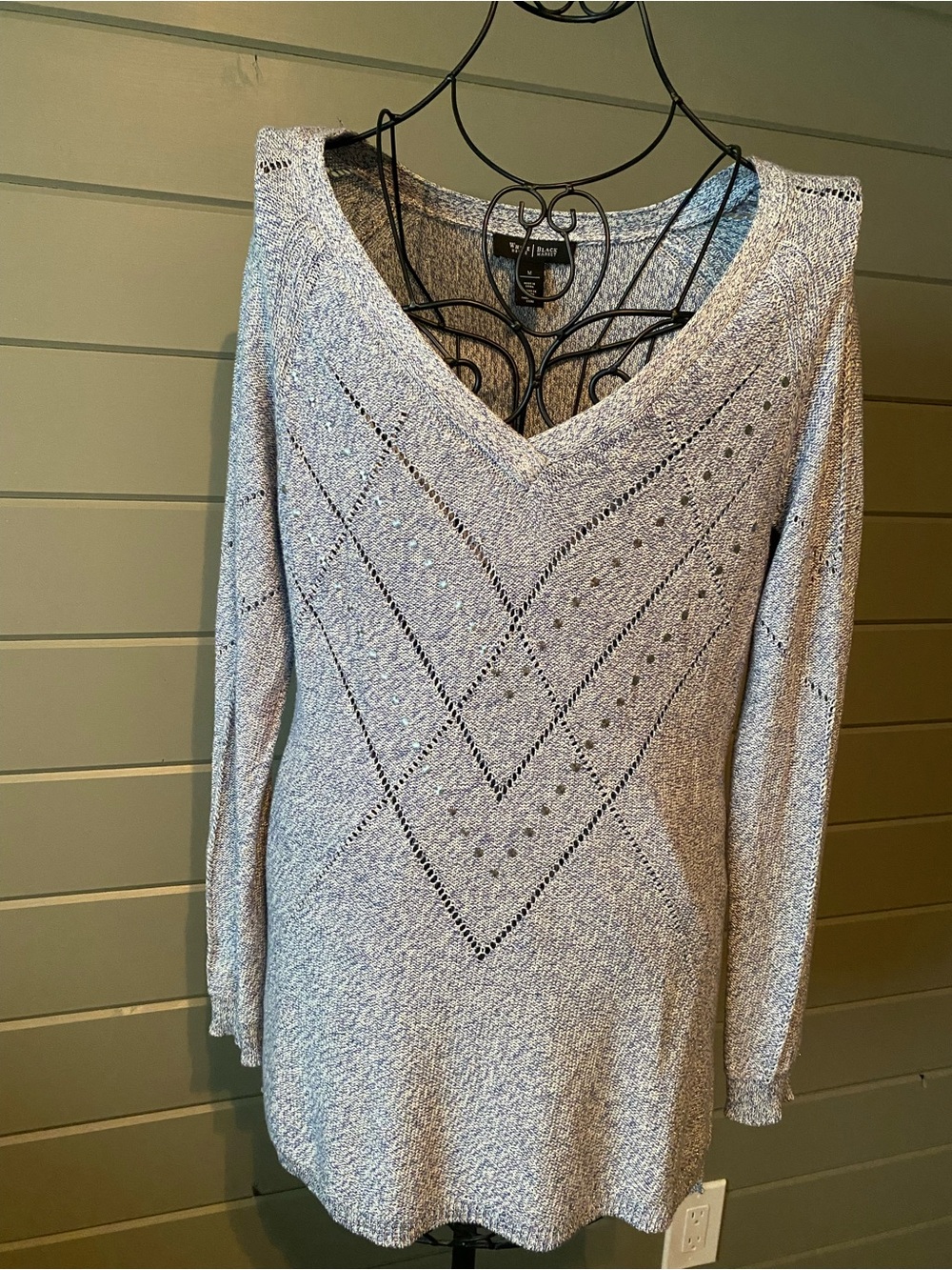 White House Black Market Light Blue/Gray V-Neck Pointelle Knit Sweater